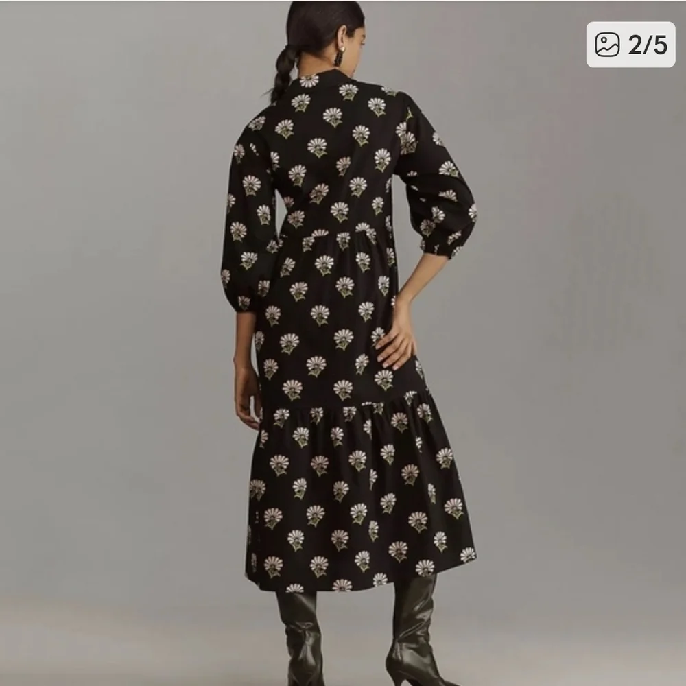 Anthropologie Maeve Black Midi Dress with Pink & Green Floral Print - Size XL - Picture 2 of 9